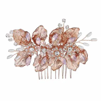 Naujas Dizainas Rose Gold Gėlių Lapai Spindi Krištolo Imituojamas Perlai Plaukų Šukos Headpieces Nuotaka Noiva Vestuves Plaukų Segtukai