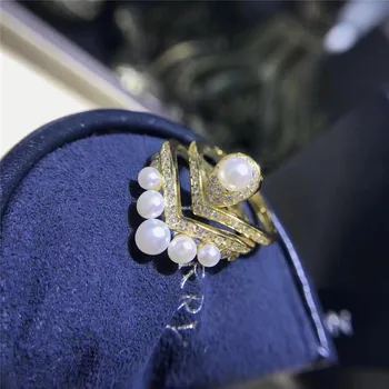 Naujas mados natūralios baltos spalvos gėlavandenių perlų 3-5mm žiedas 1pair 925 sterlingas sidabro dydis gali būti koreguojamas, apdaila Cirkonis