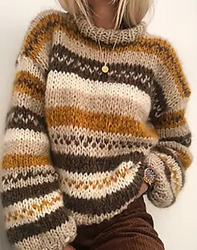 Naujas Moterų Megztinis, Vintage Megztinis Ilgomis Rankovėmis Purus Megzti Žiemos Moterų Juostele Megztinis Didelis Dydis