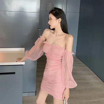 Naujas Moterų Suknelė už Šalis Suknelė Nauja Rudens korėjos Versija Temperamentas Peties Sexy Juosmens Rodyti Burbulas Rankovės Saldus Moterų Suknelė