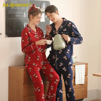 Naujas Pijamas Hombre Medvilnės ilgomis Rankovėmis Atvartas Vyrų ir Moterų Sleepwear Mielas Lokys Spausdinti Cardigan Prekės Pižama Pora Pyjama
