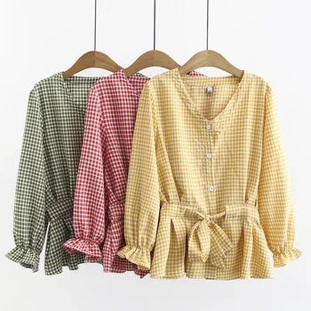 Naujas ponios rudens žiemos plius dydis viršūnes moterų didelės palaidinė ilgomis rankovėmis prarasti medvilnės geltonas diržas pledas marškiniai 3XL 4XL 5XL 6XL