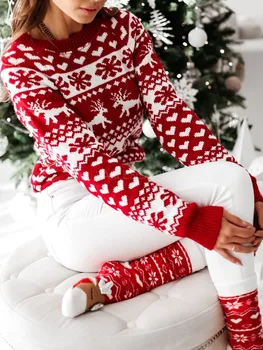 Naujas Žiemos Kalėdų Moterims Megztiniai Megztinis Viršūnes Atsitiktinis Ilgomis Rankovėmis Spausdinti Megzti Megztinis Moterims, Drabužiai