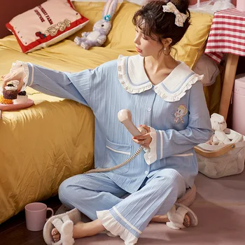 NIGHTWA Žiemos Pižama Nustatyti Moterų Medvilnės Turn-žemyn Apykaklės Atsitiktinis Sleepwear Cardigan naktiniai drabužiai ilgomis Rankovėmis Loungewear Moterims
