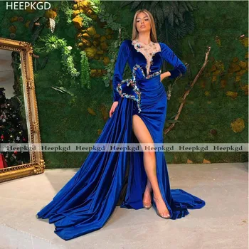 Nuostabi Royal Blue Vakaro Suknelė Su Spalvinga Kristalų Ilgomis Rankovėmis Aukštos Ritininės Seksualus Arabų Moterų Oficialią Suknelės Pritaikyti Chalatai