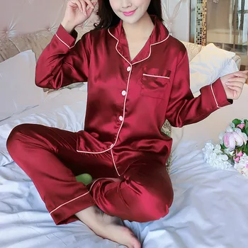 Nustatyti pižama moterims naktiniai drabužiai pajama mados moterų vientisos spalvos atvartas ilgomis Rankovėmis Palaidinė Kelnes Nustatyti Sleepwear ilgomis rankovėmis pajama