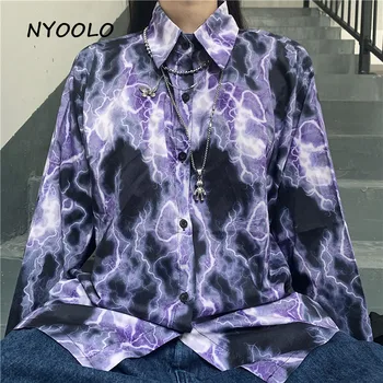 NYOOLO Harajuku stilius Žaibo modelis Prarasti ilgomis Rankovėmis Marškinėliai moterims vyrai Rudenį streetwear Single-breasted hip-hop marškinėliai, topai