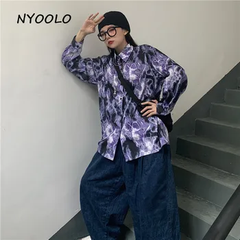NYOOLO Harajuku stilius Žaibo modelis Prarasti ilgomis Rankovėmis Marškinėliai moterims vyrai Rudenį streetwear Single-breasted hip-hop marškinėliai, topai