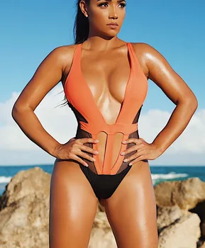 Oranžinės ir Juodos spalvos Akių Iškirpti vientisas Seksualus maudymosi kostiumėlį Atvira nugara Nėrinių Kamšalu Moterų Monokini 2020 Paplūdimio Maudymosi Kostiumai, maudymosi Kostiumėliai,