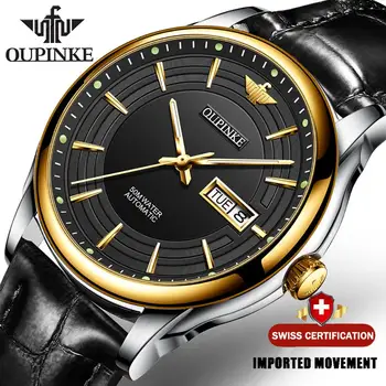 OUPINKE Prabangių Vyrų Automatinis laikrodis Juodas Klasikinis Mechaninis Laikrodis Odinis Dirželis Verslo Vandeniui Vyrai Laikrodžiai Vyrų Laikrodis