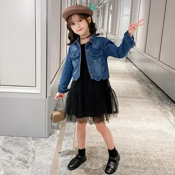 Paauglių drabužių 2020 naują pavasario ir rudens mergaičių kostiumai džinsinio striukė vaikų rudens princesė dress + trumpas džinsinis švarkas rinkiniai