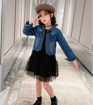 Paauglių drabužių 2020 naują pavasario ir rudens mergaičių kostiumai džinsinio striukė vaikų rudens princesė dress + trumpas džinsinis švarkas rinkiniai