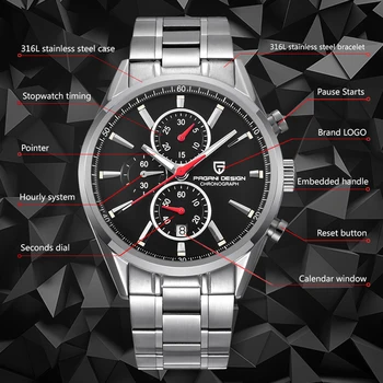 PAGANI DIZAINO Vyrų Mados Black Dial Chronograph Kvarcas Žiūrėti Vyrų Sporto Verslo Laikrodžiai, Nerūdijančio Plieno Luxyry laikrodžiai Nauji siųsti