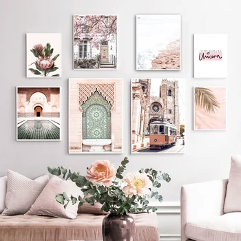Palmių Lapų, Gėlių Paplūdimio Tramvajų Marokas Durys, Sienos Meno Tapybos Drobės Šiaurės Plakatai Ir Spausdina Sienos Nuotraukas Gyvenimo Kambario Dekoro
