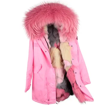 Parko Sidabro pu kailis nekilnojamojo fox fur coat žiemos striukė moterims gamtos meškėnas kailių apykaklės šiltas storas parkas Nuimamas