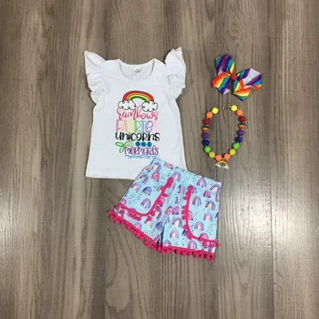 Pavasario Kūdikių Mergaitės, Balti Marškinėliai Blue Rainbow Spausdinti Trumpas Vasaros Aprangą su Laivapriekio ir Karoliai