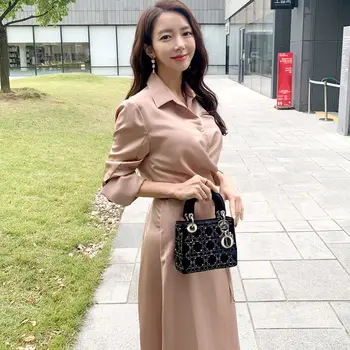 Pavasarį Ilgai Marškinėliai Suknelė Moteris Rudenį Ilgomis Rankovėmis Maxi Suknelės Elegantiškas Korėjos Office Lady Suknelė Aukšto Juosmens Moterų Streetwear