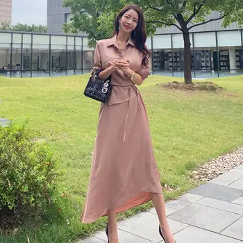 Pavasarį Ilgai Marškinėliai Suknelė Moteris Rudenį Ilgomis Rankovėmis Maxi Suknelės Elegantiškas Korėjos Office Lady Suknelė Aukšto Juosmens Moterų Streetwear