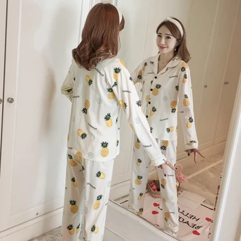 Plius Dydis Medvilnė Pajama Rinkinys Moterims 2019 M. Pavasarį, Rudenį ilgomis Rankovėmis Ananasų Spausdinti Pyjama Sleepwear Homewear Pijama Mujer