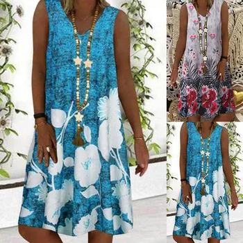Plius Dydis Paplūdimio Suknelė Moterų Mados Prarasti Laisvalaikio V-Kaklo, Rankovių Gėlių Spausdinti Bohemijos Vasaros Cisternų Suknelės Vestidos#p3
