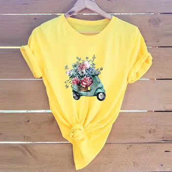 Plius Dydis S-5XL Moteris Marškinėlius Gėlės Motociklo Print T-Shirt O Kaklas Trumpas Rankovėmis Tee Grafinis T Marškinėliai Vasarą Šukuotinės Medvilnės
