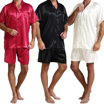Plius Dydis Vasaros Mados Vyrai Šilko Satino Pižama Rinkiniai Minkštas Sleepwear Šilko trumpomis Rankovėmis Viršūnes Trumpas Vyrų Pajama Homewear Tinka M-3XL