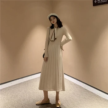 Plonas Megztinis Suknelė Moterims, O-Kaklo Midi Šalies Elegantiška Megzta Suknelė Moteriška Rudens-Žiemos 2020 Atsitiktinis Ilgomis Rankovėmis Maxi Suknelė Korėjos