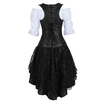 Plus Size 6XL Steampunk Korsetas Suknelė Moterims Trijų dalių Odos Korsetas su Sijonu ir Renesanso Marškinėliai Gotikos Piratų Kostiumų