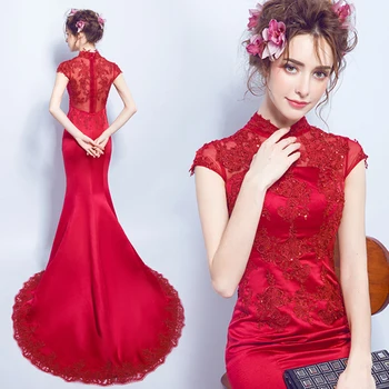 Plus size cheongsam kinų stiliaus tradicinio siuvinėjimo 2017 m. moteris ilgai nėrinių raudona vestuvių qipao suknelės aukštos kokybės undinė