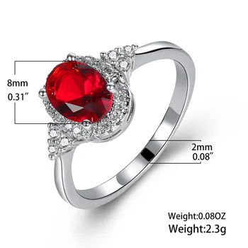 Prabanga Moterų Raudonųjų Kristalų Akmens Žiedas Classic Sidabro Spalvos Vestuvių Žiedai Moterims, Stilinga Nuotakos Ovalo Formos Cirkonis Vestuvinis Žiedas