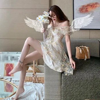 Prancūzijos Korėjos Sluoksniuotos Rankovėmis Gėlių Suknele Moterys 2021 M. Vasarą Nėriniais, Šifono Spausdinti Mini Suknelė Moteris Derliaus Seksualus Off Peties Suknelės