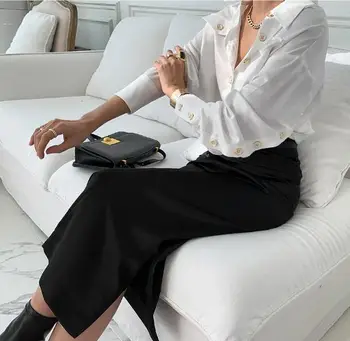 Prancūzų stiliaus pavasarį, rudenį single-breasted ilgomis rankovėmis marškinėliai + aukšto juosmens paketo klubo olis pieštuku sijonas moterims dviejų dalių rinkiniai
