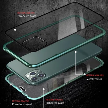 Privatumo Magnetinio dvipusės Grūdintas Stiklas Atveju iPhone, 11 Pro Max dangos Anti-peeping Metalo Bamperis Atveju iPhone, 11 Coque