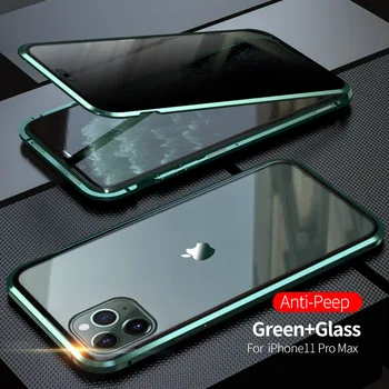 Privatumo Magnetinio dvipusės Grūdintas Stiklas Atveju iPhone, 11 Pro Max dangos Anti-peeping Metalo Bamperis Atveju iPhone, 11 Coque