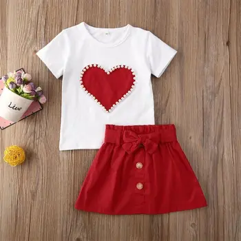 Pudcoco Bamblys Baby Girl Drabužiai Persikas Širdies Print T-Shirt Viršūnes Bowknot Sijonas 2vnt Komplektus Medvilnės Drabužius Vasarą