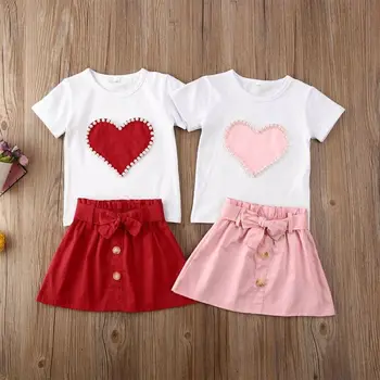 Pudcoco Bamblys Baby Girl Drabužiai Persikas Širdies Print T-Shirt Viršūnes Bowknot Sijonas 2vnt Komplektus Medvilnės Drabužius Vasarą