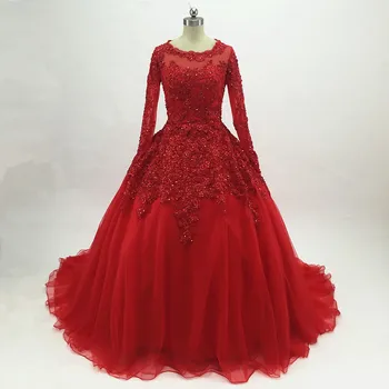 Puošnios Appliques Prom Dresses Kamuolys Suknelė 2020 Raudona Ilgomis Rankovėmis Dubajus Arabų China Oficialią Vakaro Šalis Suknelė Vestido De-15 Metų