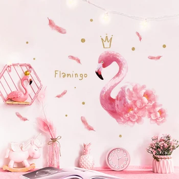 Rankomis dažyti pink flamingo siena lipdukas plunksnų karūna mergaitė kambarį apdailos miegamasis dekoro ir namų dekoro kambarį sienų dekoras