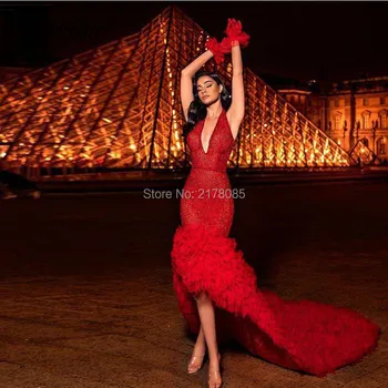 Raudona Apynasrio Moterų Sexy Šalis, Chalatai Backless Ilgai Įžymybė Vakaro Suknelės Arabų Dubajus Prom Dresses 2020 Vestidos De Festa