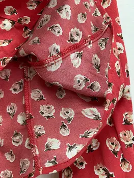 Raudona Marškinėliai Moterims ilgomis Rankovėmis Vieną Krūtinėmis V-kaklo Gėlių Spausdinti Vintage Palaidinė