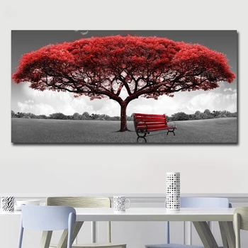 Raudona Medžių ir Kėdės Kraštovaizdžio Drobė Paveikslų, Plakatų ir grafikos Cuadros Sienos Menas Nuotraukas Kambarį Namo Apdaila
