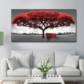 Raudona Medžių ir Kėdės Kraštovaizdžio Drobė Paveikslų, Plakatų ir grafikos Cuadros Sienos Menas Nuotraukas Kambarį Namo Apdaila