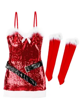 Raudoni Moteriški Ponios Kalėdų Išgalvotas Santa Dress Maskuotis Seksualus Šalys Kostiumas Clubwear Flanelė su Raudona Masto Blizgančiais