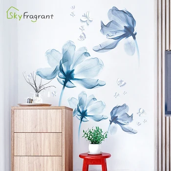 Romantiška mėlynos gėlės siena lipdukas gyvenimo kambario, miegamasis dekoro ir namų fone, sienų dekoras lipnios etiketės kambario apdaila