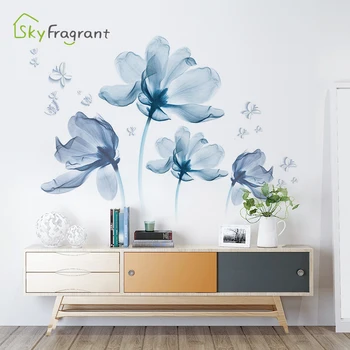 Romantiška mėlynos gėlės siena lipdukas gyvenimo kambario, miegamasis dekoro ir namų fone, sienų dekoras lipnios etiketės kambario apdaila