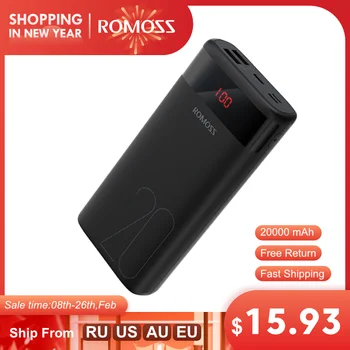 ROMOSS Ares 20 20000mAh Galia Banko USB Tipo Nešiojamas Įkroviklis Išorinio maitinimo 5V 2.1 Su LED Ekranas Telefonams, Tabletės