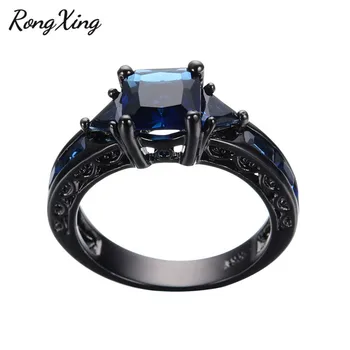 RongXing Antikvariniai Dizaino Papuošalų Moterims Vestuvinis Žiedas Anel Princesė Iškirpti Mėlyna CZ Juodojo Aukso Užpildytas Sužadėtuvių Žiedai Sz6-10 RB0050