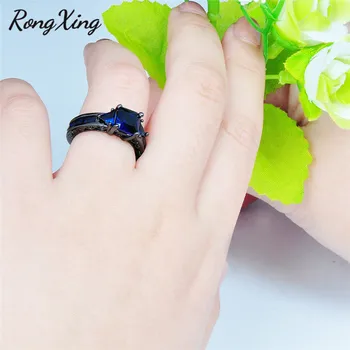 RongXing Antikvariniai Dizaino Papuošalų Moterims Vestuvinis Žiedas Anel Princesė Iškirpti Mėlyna CZ Juodojo Aukso Užpildytas Sužadėtuvių Žiedai Sz6-10 RB0050
