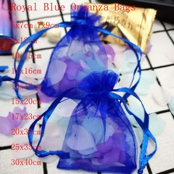Royal Blue Organza Krepšiai 100vnt/Daug 7x9 9x12 10x15 13x18 15x20 cm Papuošalai Raišteliu Maišeliai Kalėdų/Vestuves/Dovanų Pakavimo Krepšiai