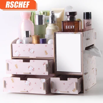 RSCHEF Mediniai kosmetikos laikymo dėžutė su veidrodžiu padažu lauke stalčiuko makiažas organizatorius organizador de maquillaje